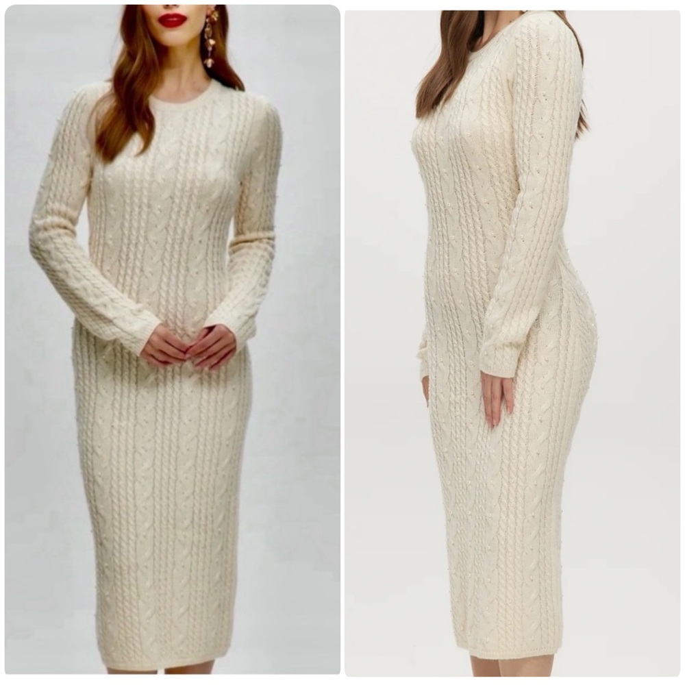 House of Harlow 1960 Wool Blend Pearl Embellished Cream Cable Knit Dress Medium